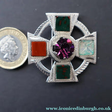 Load image into Gallery viewer, Scottish Silver Celtic Style Brooch with Central Amethyst. Edinburgh Hallmark for 1960 - Scottish Silver Brooch
