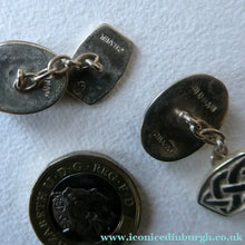 Load image into Gallery viewer, Scottish IONA Silver Cufflinks. Designed by John Hart with Knotwork Panel and the Other with Carnelians
