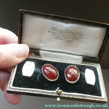 Load image into Gallery viewer, Scottish IONA Silver Cufflinks. Designed by John Hart with Knotwork Panel and the Other with Carnelians
