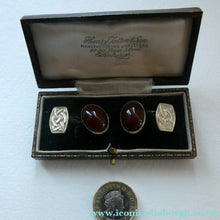 Load image into Gallery viewer, Scottish IONA Silver Cufflinks. Designed by John Hart with Knotwork Panel and the Other with Carnelians
