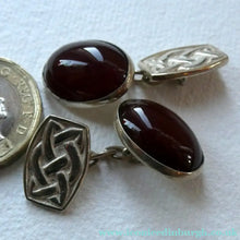 Load image into Gallery viewer, Scottish IONA Silver Cufflinks. Designed by John Hart with Knotwork Panel and the Other with Carnelians
