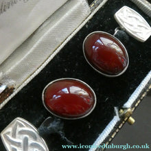 Load image into Gallery viewer, Scottish IONA Silver Cufflinks. Designed by John Hart with Knotwork Panel and the Other with Carnelians
