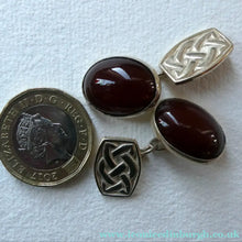 Load image into Gallery viewer, Scottish IONA Silver Cufflinks. Designed by John Hart with Knotwork Panel and the Other with Carnelians
