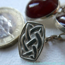 Load image into Gallery viewer, Scottish IONA Silver Cufflinks. Designed by John Hart with Knotwork Panel and the Other with Carnelians
