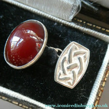 Load image into Gallery viewer, Scottish IONA Silver Cufflinks. Designed by John Hart with Knotwork Panel and the Other with Carnelians
