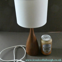 Load image into Gallery viewer, Vintage Scandinavian Style Teak Table Lamp with White Drum Shade. Height: 9 3/4 inches
