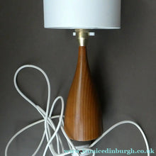 Load image into Gallery viewer, Vintage Scandinavian Style Teak Table Lamp with White Drum Shade. Height: 9 3/4 inches
