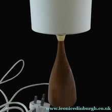 Load image into Gallery viewer, Vintage Scandinavian Style Teak Table Lamp with White Drum Shade. Height: 9 3/4 inches
