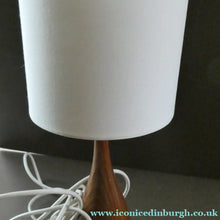Load image into Gallery viewer, Vintage Scandinavian Style Teak Table Lamp with White Drum Shade. Height: 9 3/4 inches
