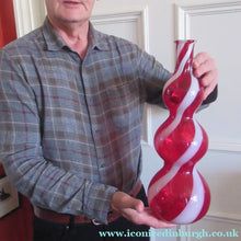 Load image into Gallery viewer, Fabulous Space Age Alrose / Empoli Italian Glass Genie Bottle Vase. Red and White Candy Stripes - European Glass
