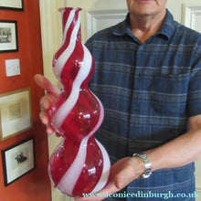 Load image into Gallery viewer, Fabulous Space Age Alrose / Empoli Italian Glass Genie Bottle Vase. Red and White Candy Stripes
