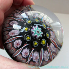 Load image into Gallery viewer, Vintage Strathearn Paperweight 1960s Millefiori Canes and Latticino Half Spokes
