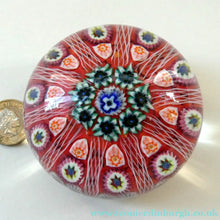 Load image into Gallery viewer, LARGE Strathearn Millefiori Canes and Latticino Ten Spoke Paperweight. Red Ground
