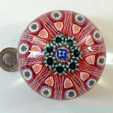 Load image into Gallery viewer, LARGE Strathearn Millefiori Canes and Latticino Ten Spoke Paperweight. Red Ground
