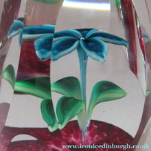 Load image into Gallery viewer, 1960s Strathearn Paperweight Lampwork Blue Flower and Faceted Panels Original Box Scottish Glass
