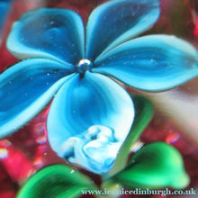 Load image into Gallery viewer, 1960s Strathearn Paperweight Lampwork Blue Flower and Faceted Panels Original Box Scottish Glass
