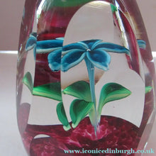 Load image into Gallery viewer, 1960s Strathearn Paperweight Lampwork Blue Flower and Faceted Panels Original Box Scottish Glass
