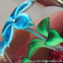 Load image into Gallery viewer, 1960s Strathearn Paperweight Lampwork Blue Flower and Faceted Panels Original Box Scottish Glass
