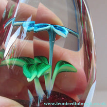 Load image into Gallery viewer, 1960s Strathearn Paperweight Lampwork Blue Flower and Faceted Panels Original Box Scottish Glass
