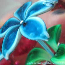 Load image into Gallery viewer, 1960s Strathearn Paperweight Lampwork Blue Flower and Faceted Panels Original Box Scottish Glass
