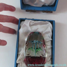 Load image into Gallery viewer, 1960s Strathearn Paperweight Lampwork Blue Flower and Faceted Panels Original Box Scottish Glass
