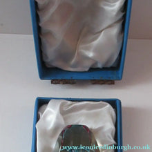 Load image into Gallery viewer, 1960s Strathearn Paperweight Lampwork Blue Flower and Faceted Panels Original Box Scottish Glass
