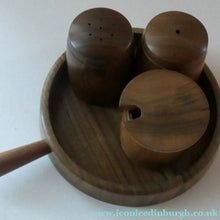 Load image into Gallery viewer, 1960s Stylish Vintage Three Piece Condiment Set &amp; Handled Tray. Salt &amp; Pepper Pots and Mustard Pot

