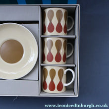 Load image into Gallery viewer, Set of Six 1960s Susie Cooper (Wedgwood). Rare DUMBELLS or Diablo Bone China Coffee Cans and Saucers. BOXED

