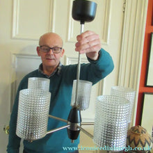 Load image into Gallery viewer, 1960s Glass MODERNIST / BRUTALIST Pendant Chandelier - Stainless Steel Radiating Arms with Clear Hobnail Glass Shades 
