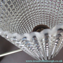 Load image into Gallery viewer, 1960s Glass MODERNIST / BRUTALIST Pendant Chandelier - Stainless Steel Radiating Arms with Clear Hobnail Glass Shades 
