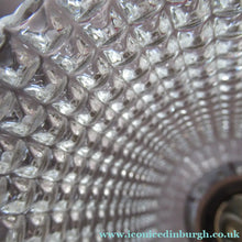 Load image into Gallery viewer, 1960s Glass MODERNIST / BRUTALIST Pendant Chandelier - Stainless Steel Radiating Arms with Clear Hobnail Glass Shades 
