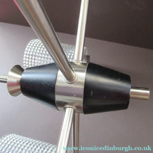 Load image into Gallery viewer, 1960s Glass MODERNIST / BRUTALIST Pendant Chandelier - Stainless Steel Radiating Arms with Clear Hobnail Glass Shades 
