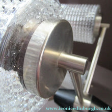 Load image into Gallery viewer, 1960s Glass MODERNIST / BRUTALIST Pendant Chandelier - Stainless Steel Radiating Arms with Clear Hobnail Glass Shades 
