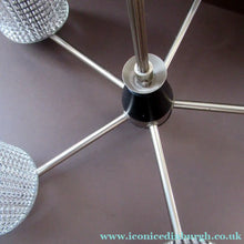 Load image into Gallery viewer, 1960s Glass MODERNIST / BRUTALIST Pendant Chandelier - Stainless Steel Radiating Arms with Clear Hobnail Glass Shades 
