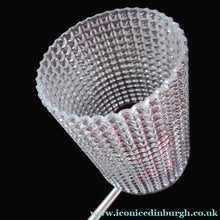 Load image into Gallery viewer, 1960s Glass MODERNIST / BRUTALIST Pendant Chandelier - Stainless Steel Radiating Arms with Clear Hobnail Glass Shades 
