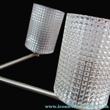 Load image into Gallery viewer, 1960s Glass MODERNIST / BRUTALIST Pendant Chandelier - Stainless Steel Radiating Arms with Clear Hobnail Glass Shades 
