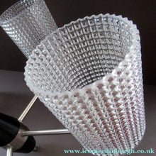 Load image into Gallery viewer, 1960s Glass MODERNIST / BRUTALIST Pendant Chandelier - Stainless Steel Radiating Arms with Clear Hobnail Glass Shades 
