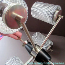 Load image into Gallery viewer, 1960s Glass MODERNIST / BRUTALIST Pendant Chandelier - Stainless Steel Radiating Arms with Clear Hobnail Glass Shades 
