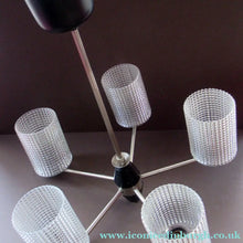 Load image into Gallery viewer, 1960s Glass MODERNIST / BRUTALIST Pendant Chandelier - Stainless Steel Radiating Arms with Clear Hobnail Glass Shades 
