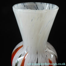 Load image into Gallery viewer, ITALIAN 1960s Glass Vase. Hand Blown with Mottled White Body and Red and Black Striped Inclusions
