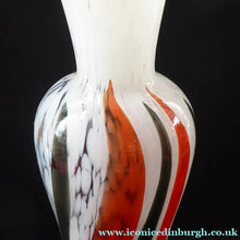 Load image into Gallery viewer, ITALIAN 1960s Glass Vase. Hand Blown with Mottled White Body and Red and Black Striped Inclusions
