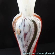 Load image into Gallery viewer, ITALIAN 1960s Glass Vase. Hand Blown with Mottled White Body and Red and Black Striped Inclusions
