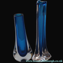 Load image into Gallery viewer, 1960s Minimalistic GEOFFREY BAXTER Whitefriars Kingfisher Glass Blue Vases
