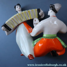 Load image into Gallery viewer, UKRAINE POTTERY. Vintage 1960s Figurine Cossacks Dancing and Playing Musical Instruments


