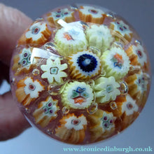 Load image into Gallery viewer, VASART GLASS Paperweight Set into a Lassman Chrome Bottle Opener Section. Miniature Millefiori Weight; 1960s
