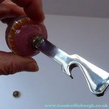 Load image into Gallery viewer, VASART GLASS Paperweight Set into a Lassman Chrome Bottle Opener Section. Miniature Millefiori Weight; 1960s
