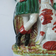 Load image into Gallery viewer, Antique Victorian Spill Vase Featuring a Pair of Huntsmen Wearing Short Green Tunics with a Large Dog
