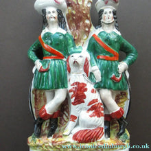 Load image into Gallery viewer, Antique Victorian Spill Vase Featuring a Pair of Huntsmen Wearing Short Green Tunics with a Large Dog
