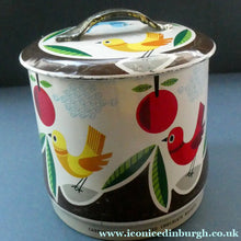 Load image into Gallery viewer, 1960s Vintage Cadbury's Biscuit Tin with Fitted Lid. Cartoon Birds and Apple Pattern
