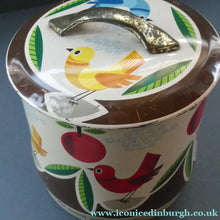 Load image into Gallery viewer, 1960s Vintage Cadbury's Biscuit Tin with Fitted Lid. Cartoon Birds and Apple Pattern

